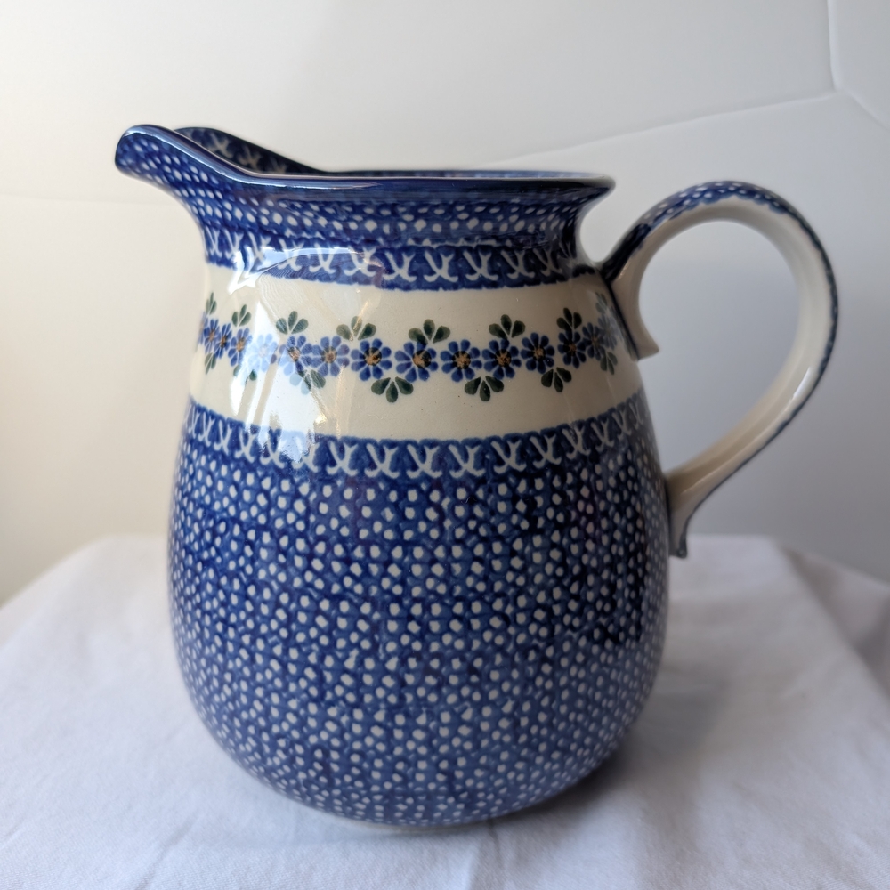 Polish Pottery Blue Floral Cream Ceramic Pitcher